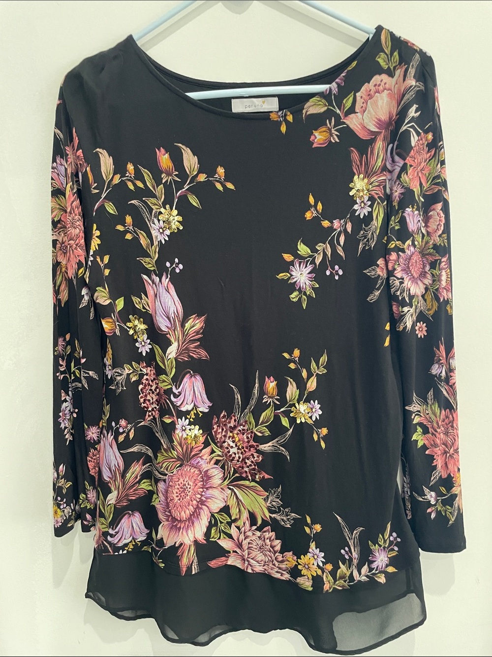 PER UNA Marks Spencer Black Pink Floral Sequin Mesh Hem Tunic Top US 8 M - Picture 12 of 14
